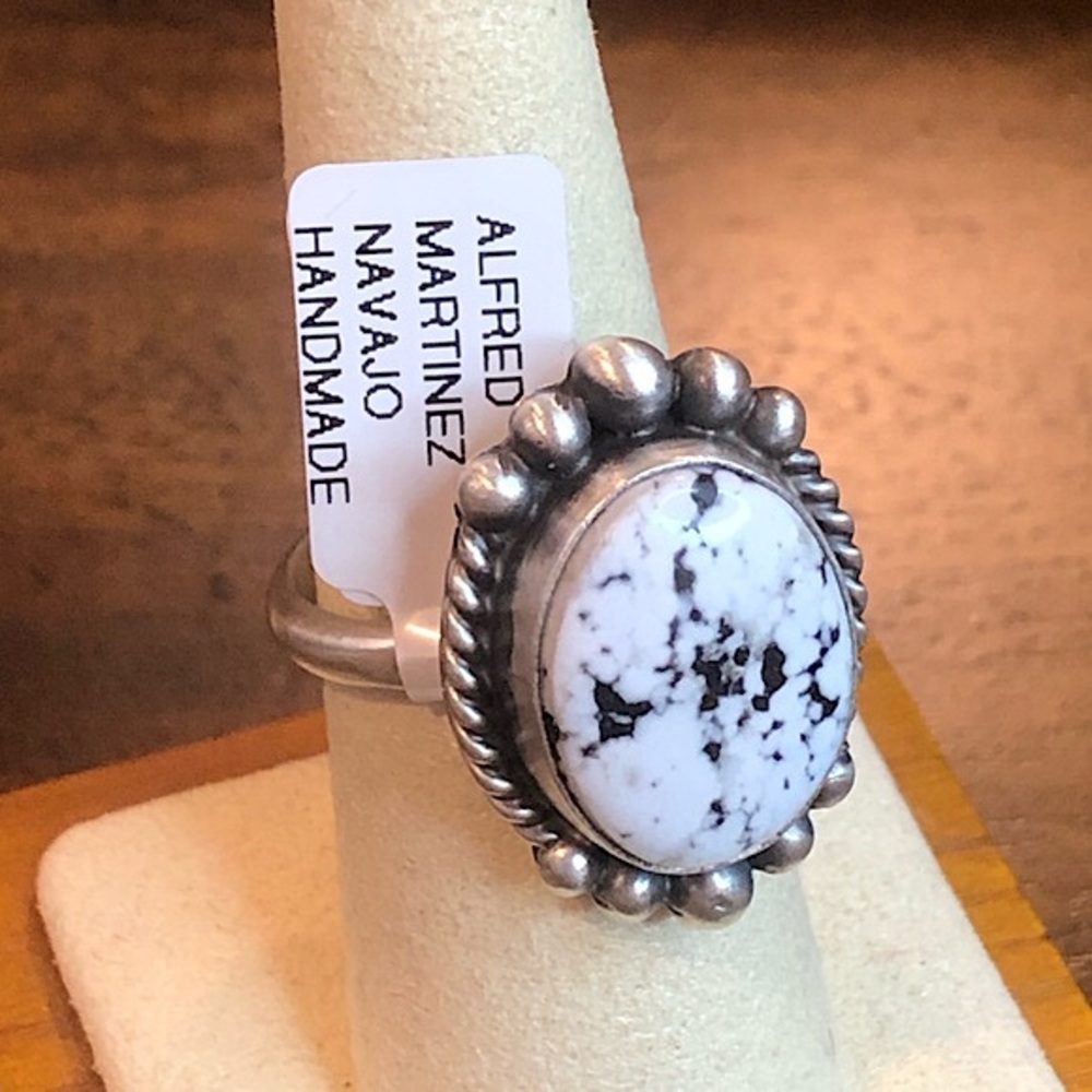 WHITE BUFFALO Turquoise Sterling Silver Cabochon Navajo Ring Size Adjustable - Picture 1 of 11